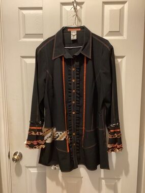 Vintage Silk Alain Weiz Black & Orange Ruffle-Trim Jacket